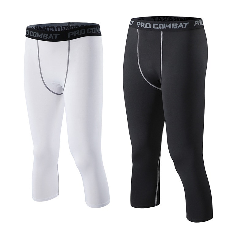 Men's sports tights, workout leggings, three-quarter length pants, quick-drying, breathable, stretchy three-quarter length pants.