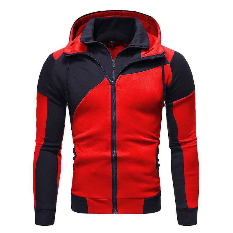 Men's casual double zip sweatshirt with hood, patchwork zip-up sweatshirt, fleece jacket.