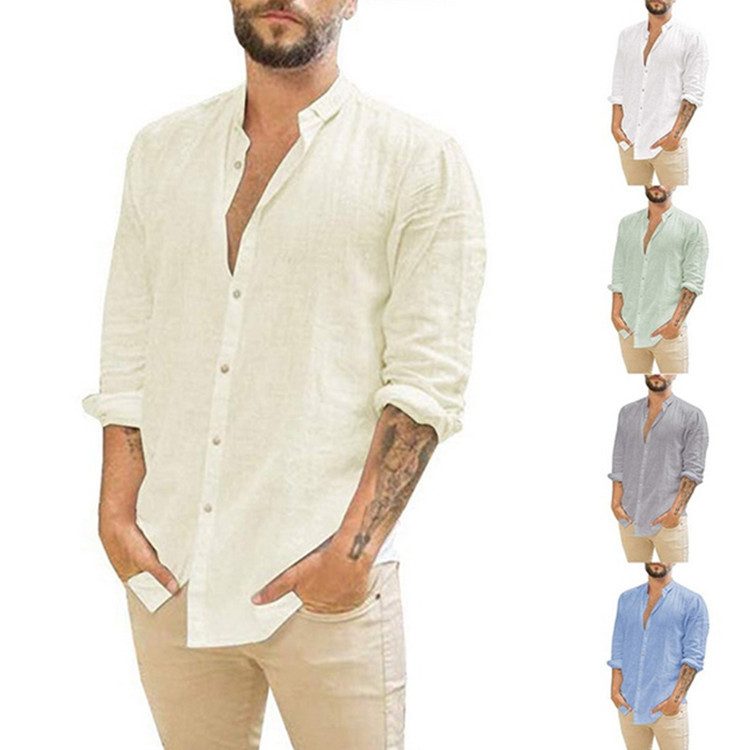 European and American men's linen cardigan, solid color, casual, turtleneck, long-sleeved shirt.