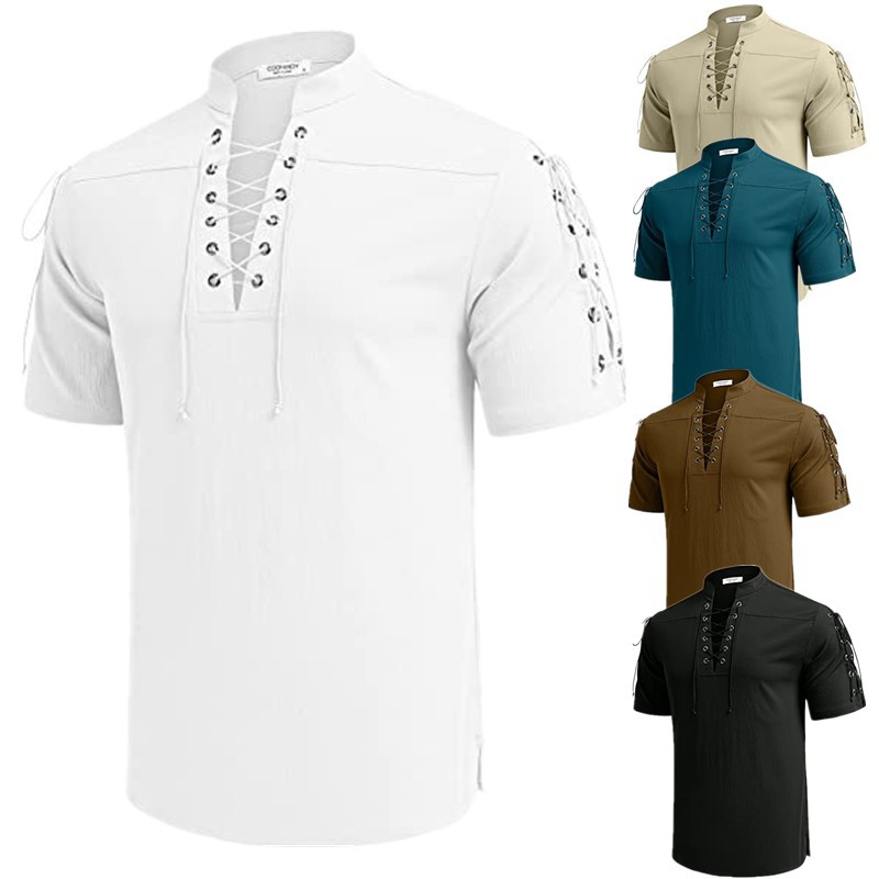 Men's short-sleeved beach shirt with drawstring, hippie style, V-neck t-shirt, pirate shirt.