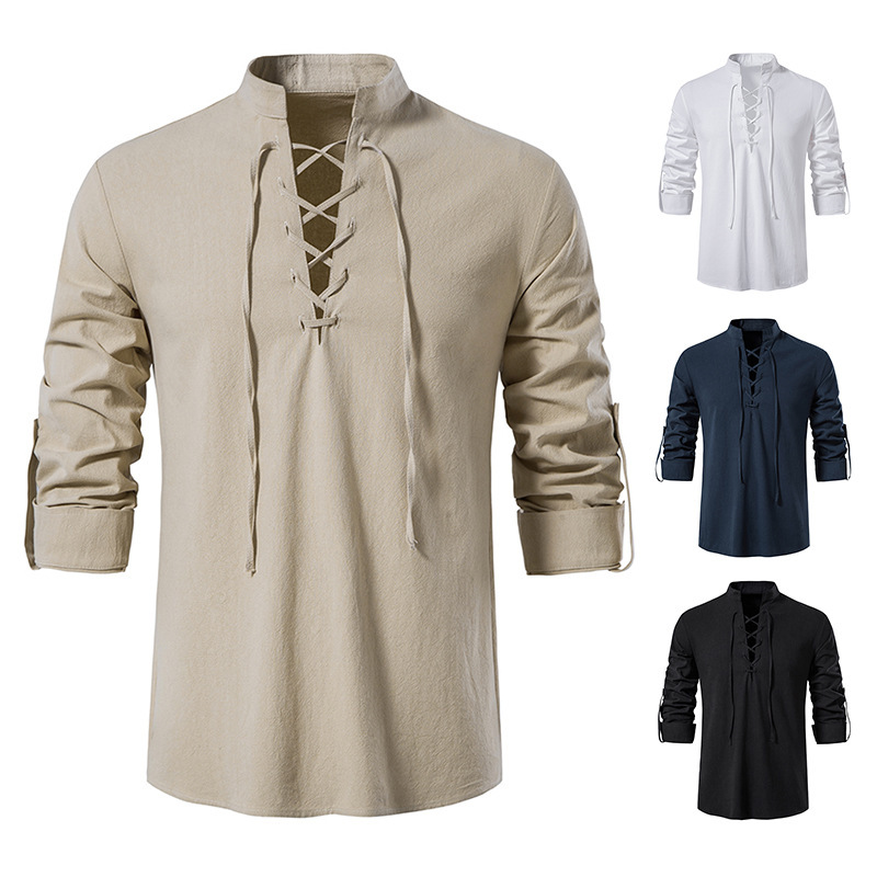Camisa masculina de algodão e linho henley comércio exterior tamanho europeu camisa de manga comprida casual gola alta