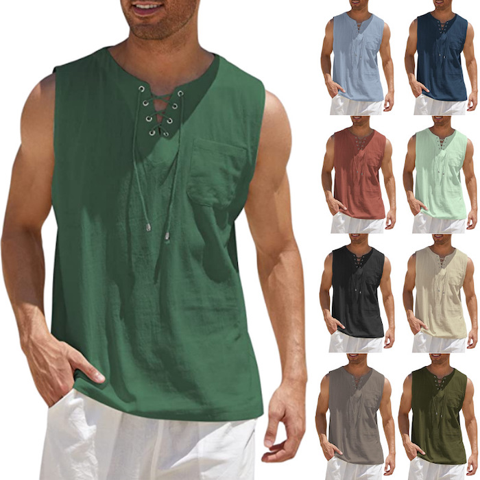 Hot selling summer new cotton and linen men's solid color fashion sleeveless lace casual shirt