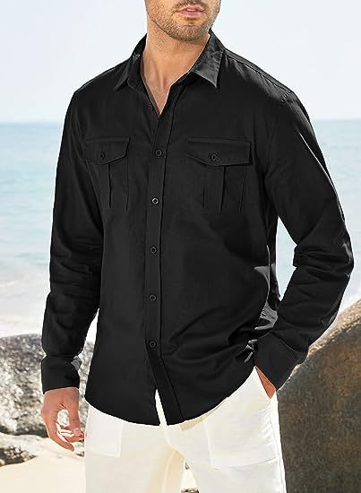 Men's shirt with double pocket, cotton and linen, long-sleeved shirt, casual holiday shirt.