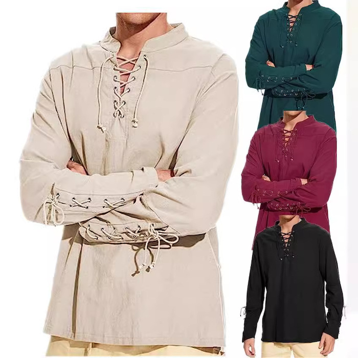 Men's cotton and linen Henley shirt, long sleeve, hippie casual beach collar, European size.