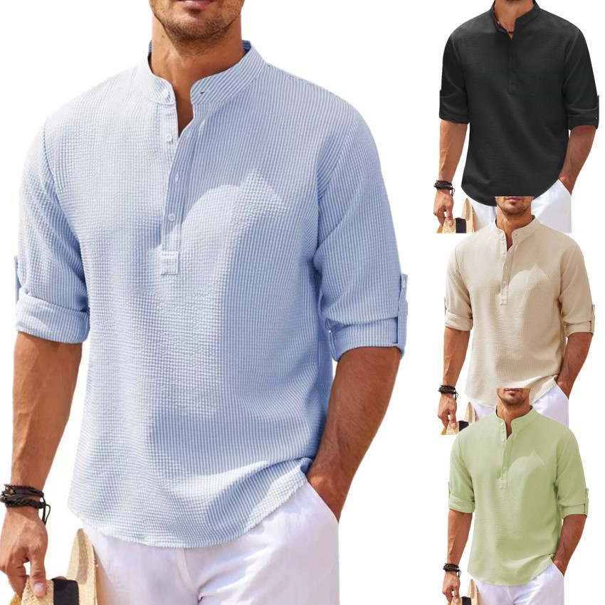 Men's long-sleeved shirt with open collar, pineapple check button detail, and button.