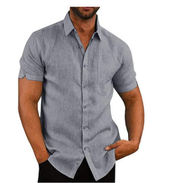 Men's Linen Shirt with Lapel, Summer, Solid Color, Short Sleeve