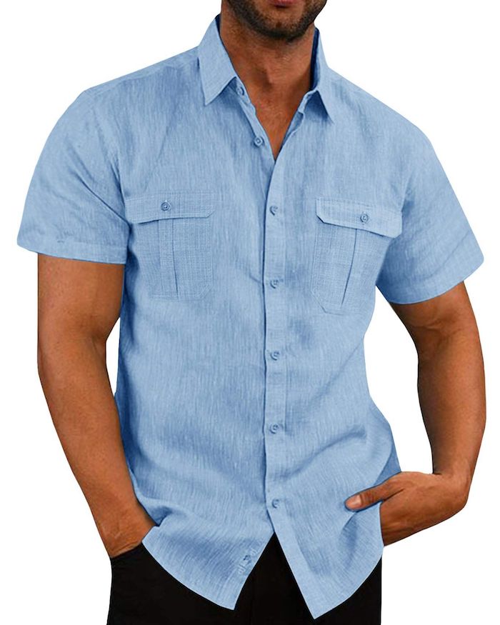 Men's short-sleeved cotton and linen double pocket shirt, casual holiday shirt, 7 colors.