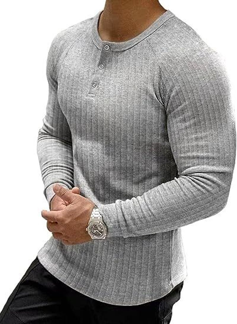 Solid color American henley shirt with stretch yarn for fitness.