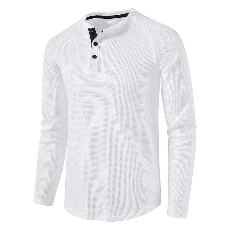 European and American men's solid color waffle henley shirt with long sleeves.