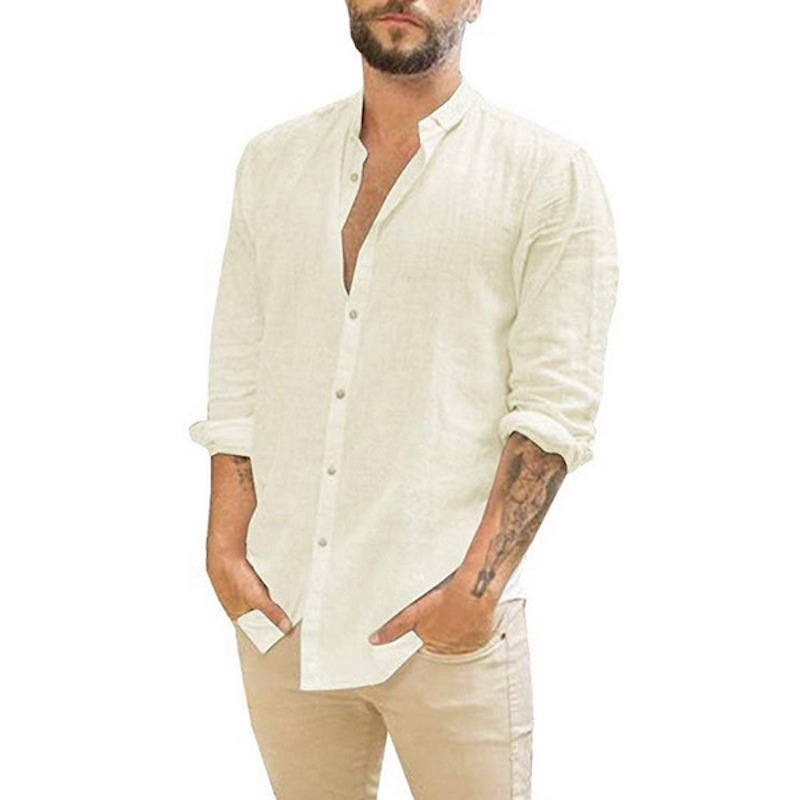 European and American men's linen cardigan, solid color, casual, turtleneck, long-sleeved shirt.