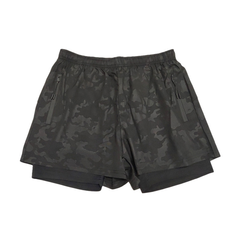 Casual double-layer stretch running sports shorts with zipper.
