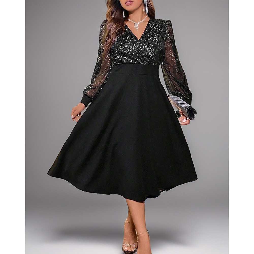 Women's plus size black party dress, cotton sequined mesh, V-neck, long sleeves.
