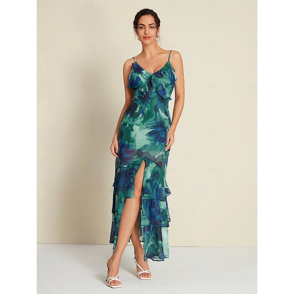 Sleeveless maxi dress for parties, with floral ruffles, for wedding guests, in chiffon.