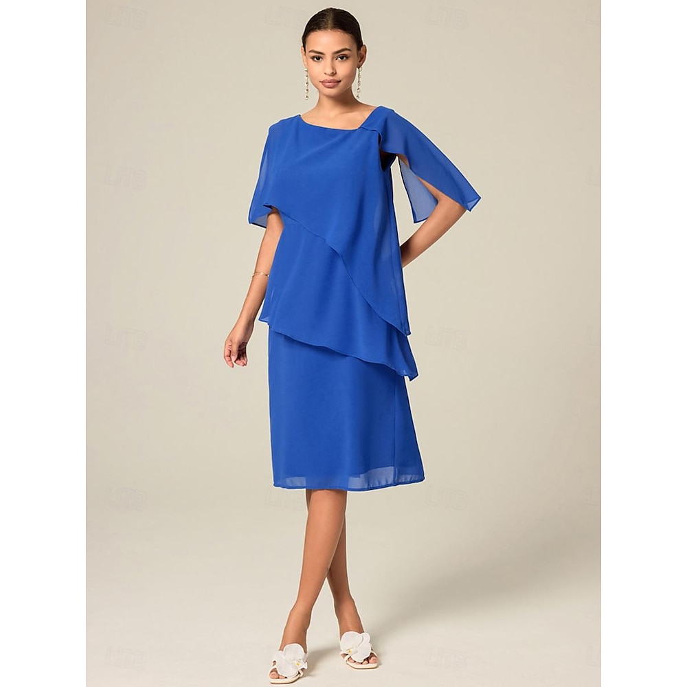 Women's cocktail dress for wedding guests. Chiffon midi dress with ruffles.