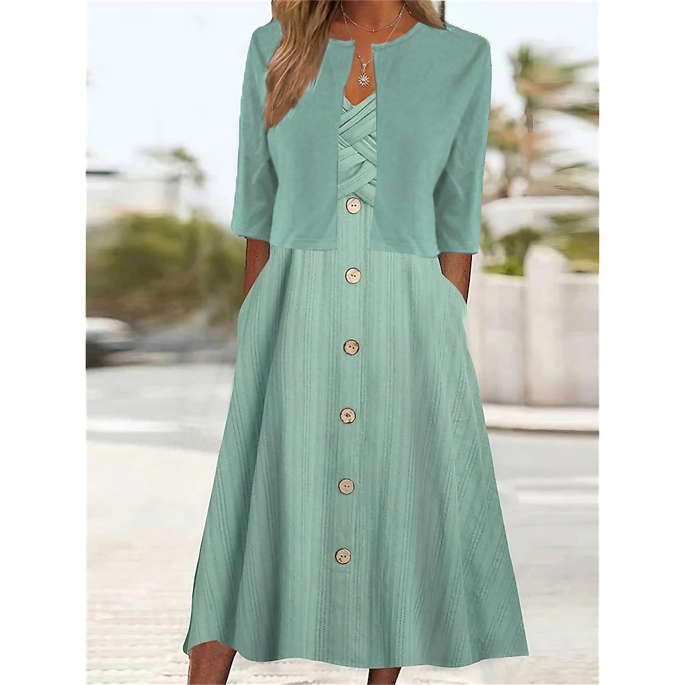 Women's dress set, casual outdoor dress, daily fashion, modern ruched button midi dress.