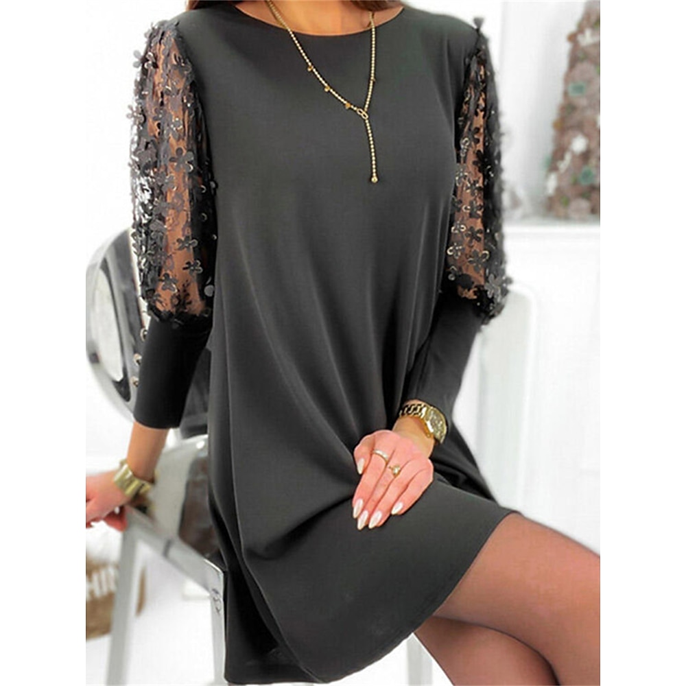 Women's black dress, party dress, cocktail dress, lace, mesh, round neck, 3/4 length