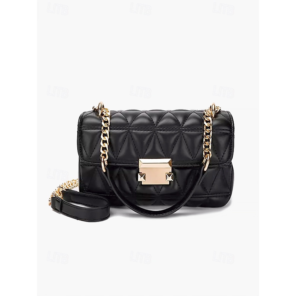 Black women's quilted shoulder bag with gold chain strap and twist closure.