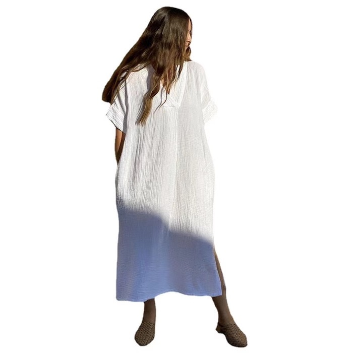 Women's wrinkled cotton rayon dress, solid color, minimalist style loungewear beach cover-up.