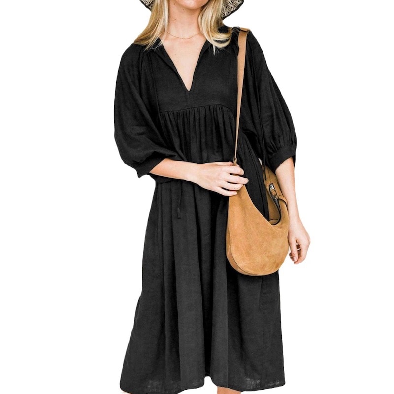 Plus size loose long sleeve lantern casual retro solid color long dress