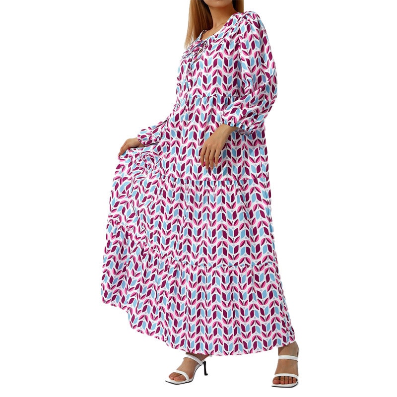Women's plus size loose bohemian dress with a round neck and balloon sleeves.