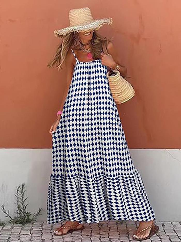 Women's bohemian resort-style dress with a mushroom print, suspender detail, and V-neck, loose fit.