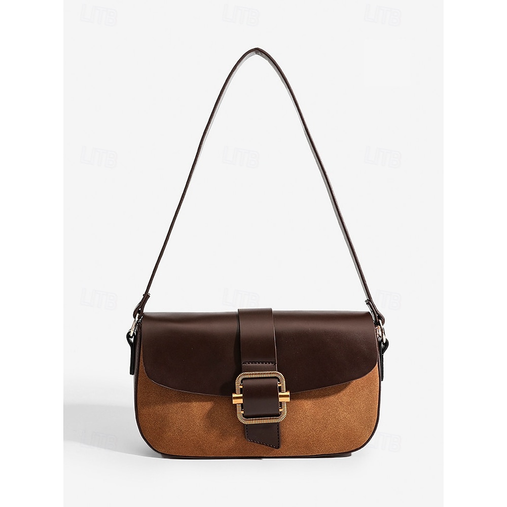 Women's brown shoulder bag in faux leather and suede with buckle detail.
