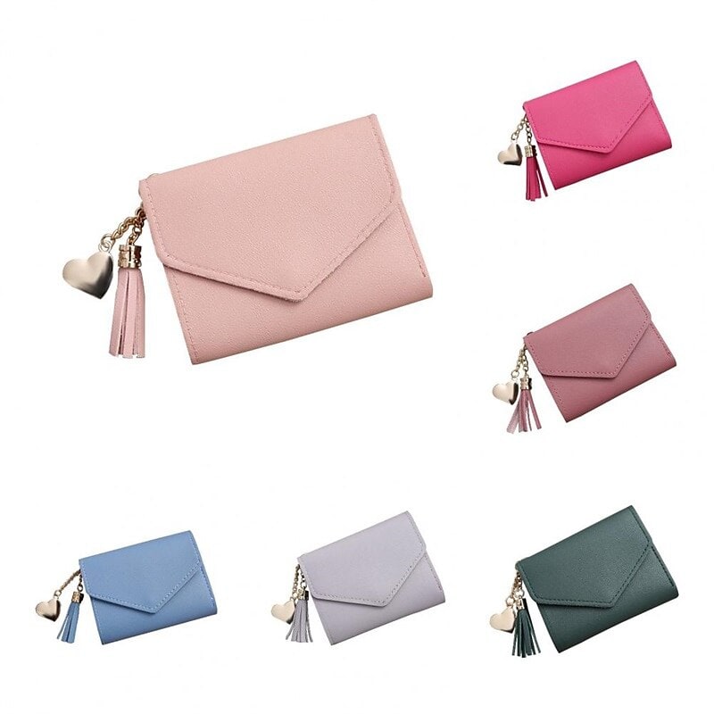 Women's wallets. Short faux leather wallet with cute tassel pendant. Coin purse.