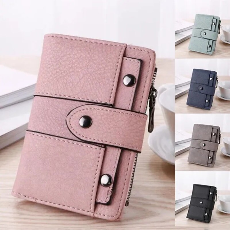 Women's New PU Leather Rivet Short Wallet with Zipper Coin Card Holder Female Coin Clutch
