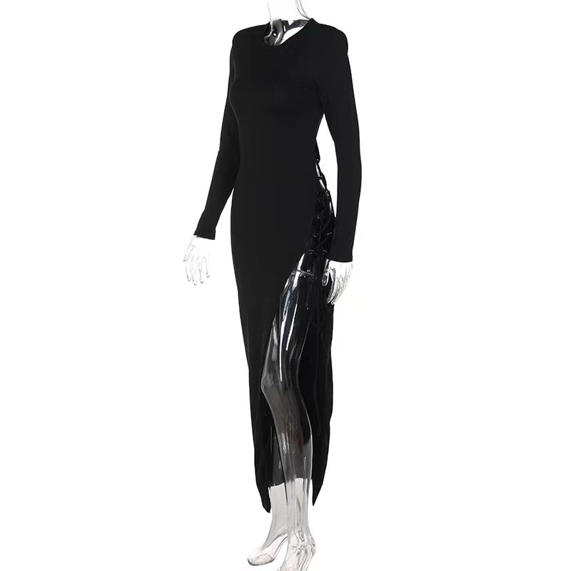 Sexy solid color jumpsuit with diagonal slit, long sleeves, fitted, with laces, sexy, hip-hugging.