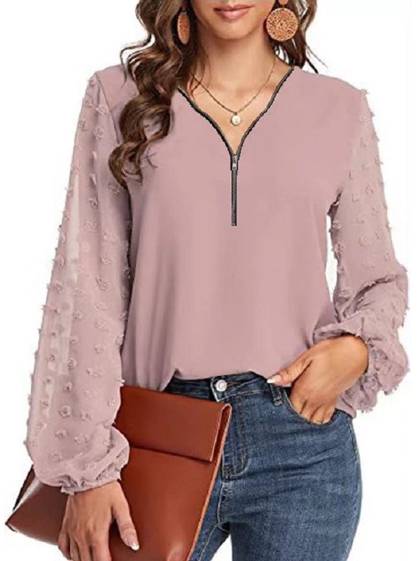 Versatile base shirt with V-neck and zipper, long sleeves, lantern sleeves, solid color.
