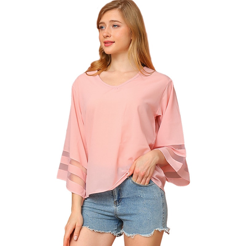Loose-fitting V-neck knit top, seamlessly blending into a chiffon shirt, creating a sweet and fresh feminine style.