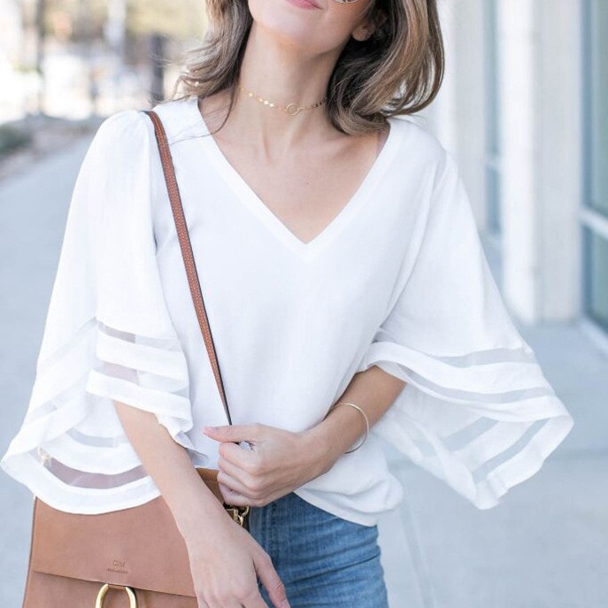 Loose slimming t-shirt, plus size women's shirt, three-quarter sleeve chiffon shirt.