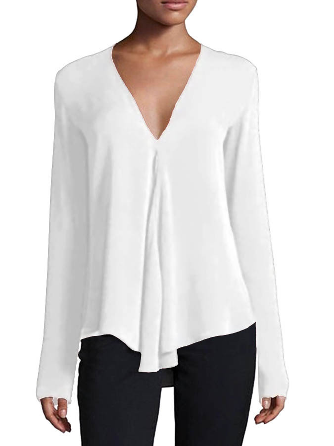 Solid color pullover with a V-neck, great swing, and a clingy faux silk top.