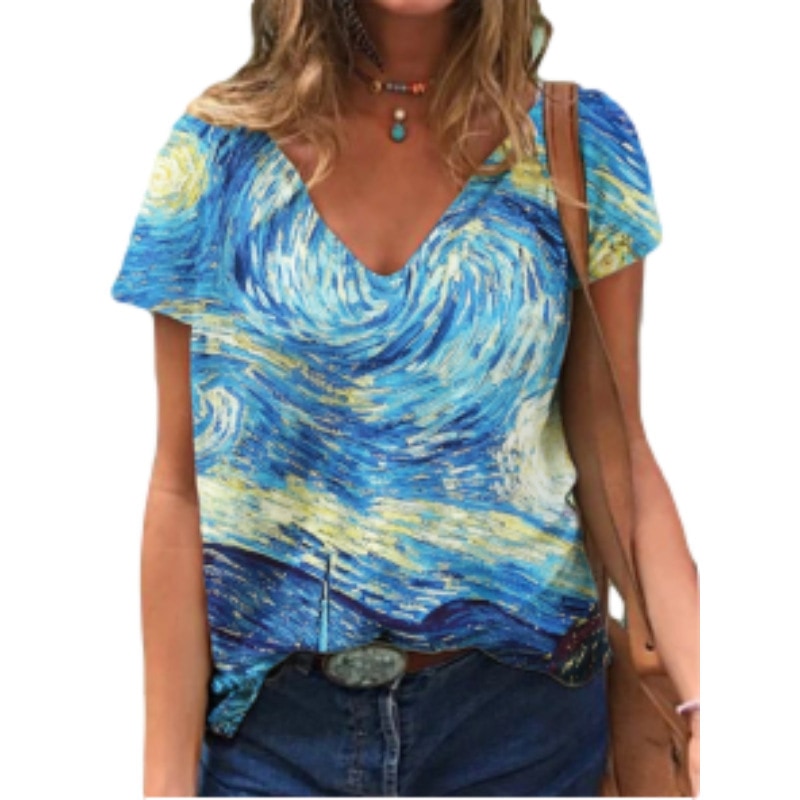 Women's shirt with a Van Gogh Starry Night oil painting print, featuring a V-neck and short sleeves.