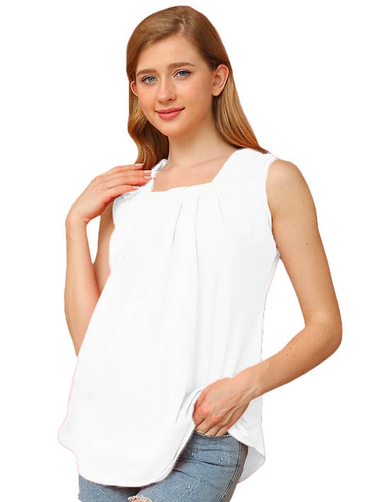 Women's solid color pleated vest with square neck and custom dovetail detail.