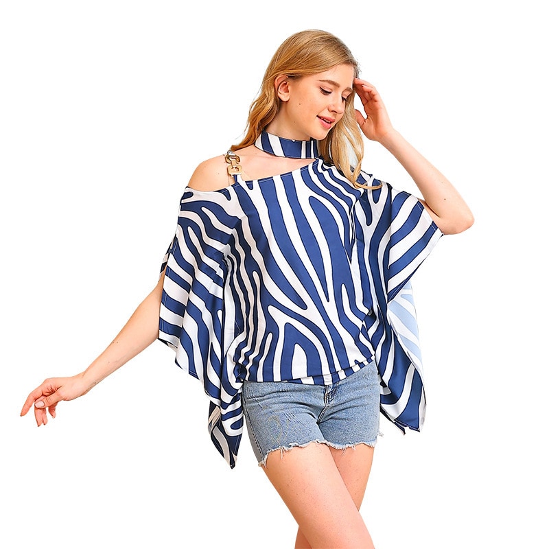 Women's short-sleeved printed shirt with halter neckline and off-the-shoulder batwing sleeves.