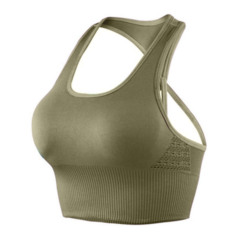 The tight-fitting, shockproof sports bra features seamless yoga wear.