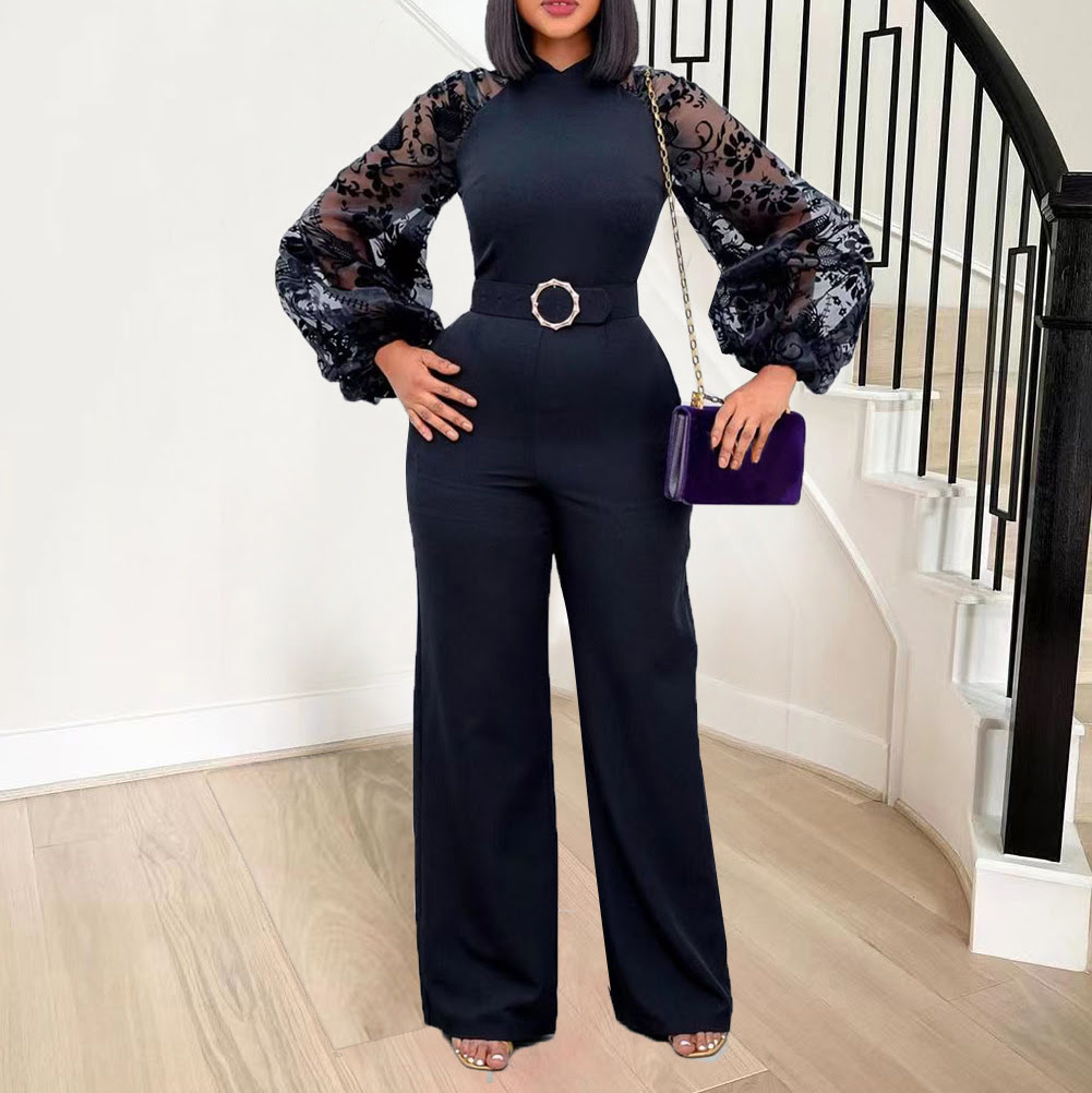 D250 Elegant women's jumpsuit and sweatshirt with hood, round neck, sheer sleeves