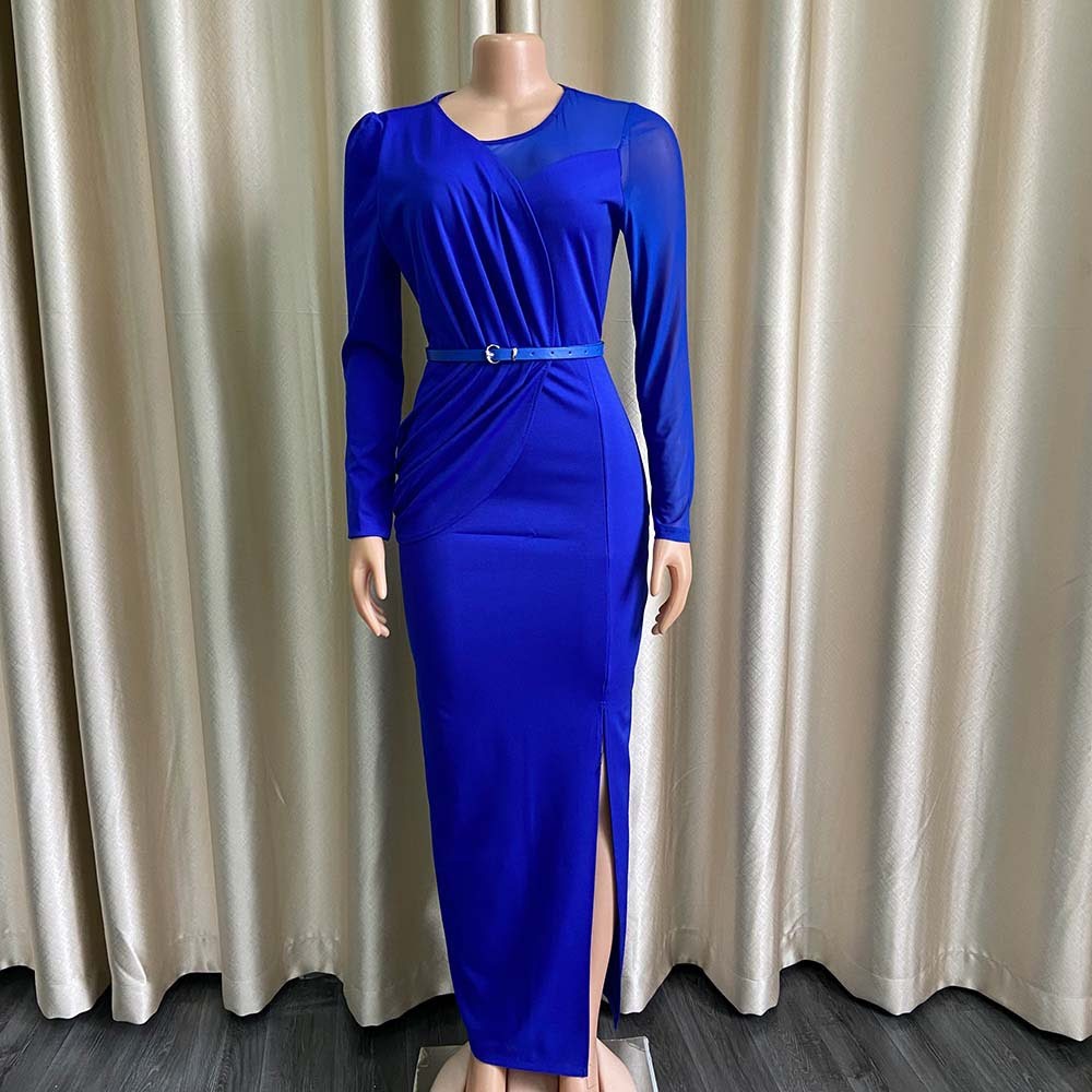 D190 Elegant Solid Gathered Pleated Knit Patchwork Maxi Dress