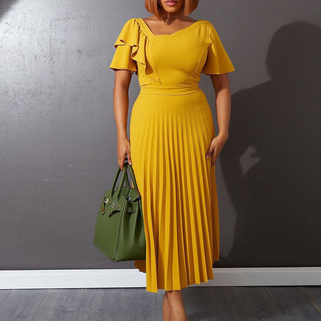 D231 Women's pleated midi dress with short sleeves and ruffles
