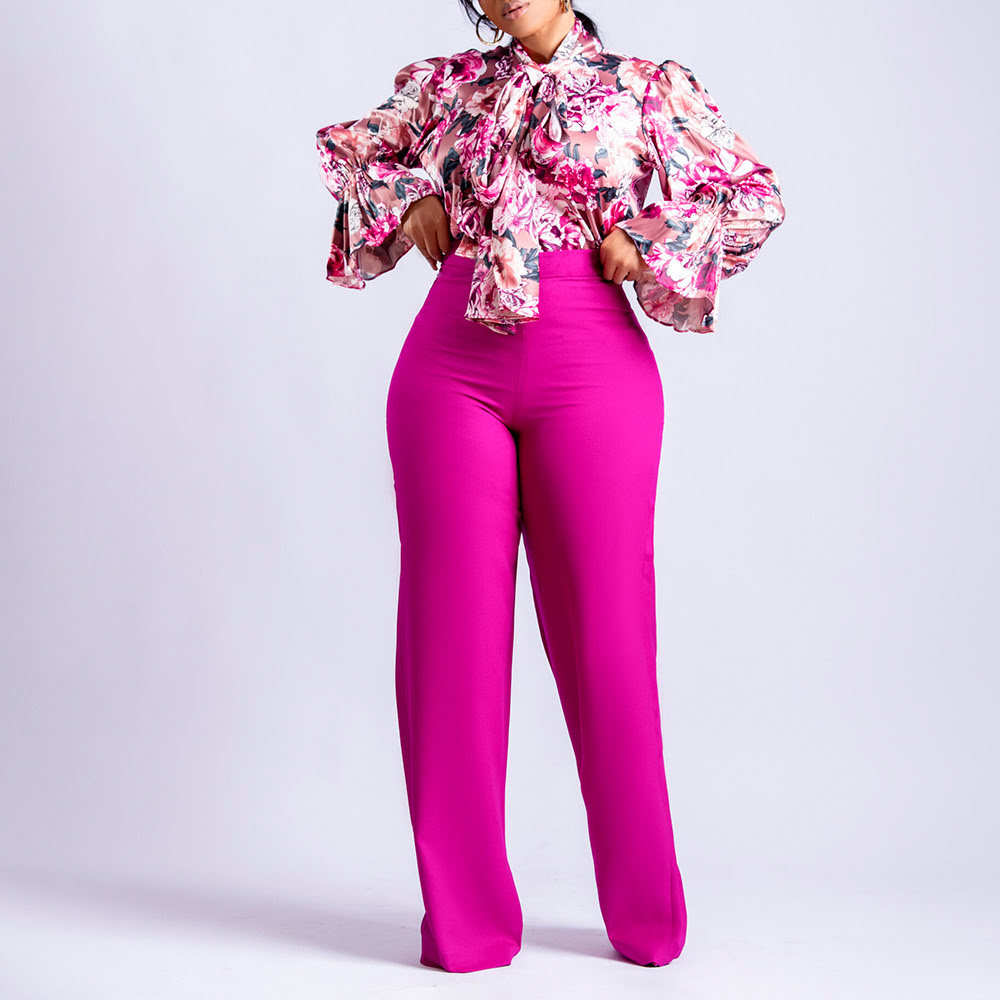 D316 Elegant print bow tie shirt long skirt two-piece suit