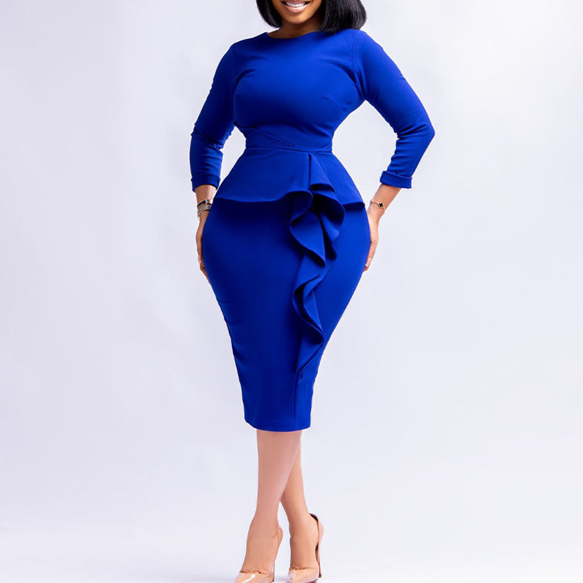 D319 Women's Long Sleeve Vintage Bodycon Ruffled Peplum Business Formal