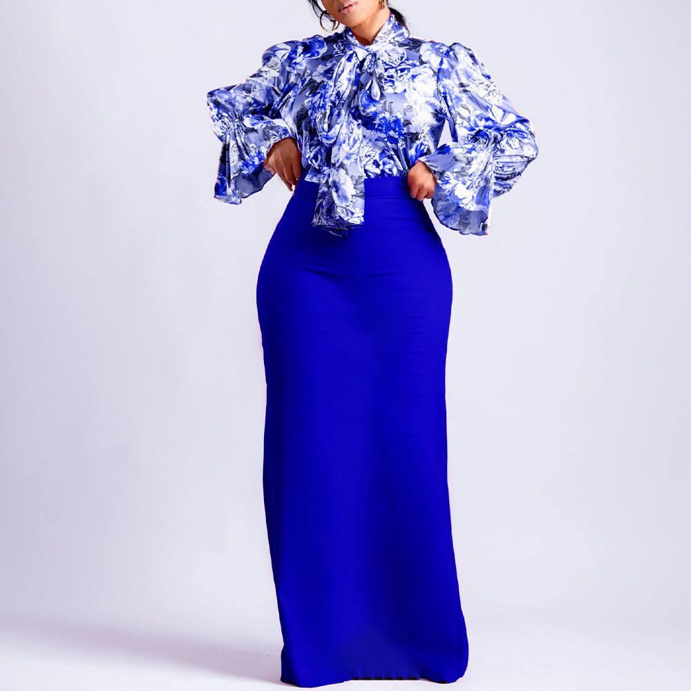 D323 Women's Casual Temperament Traveler Long Sleeve Loose Print Straps Shirt Skirt Two-Piece