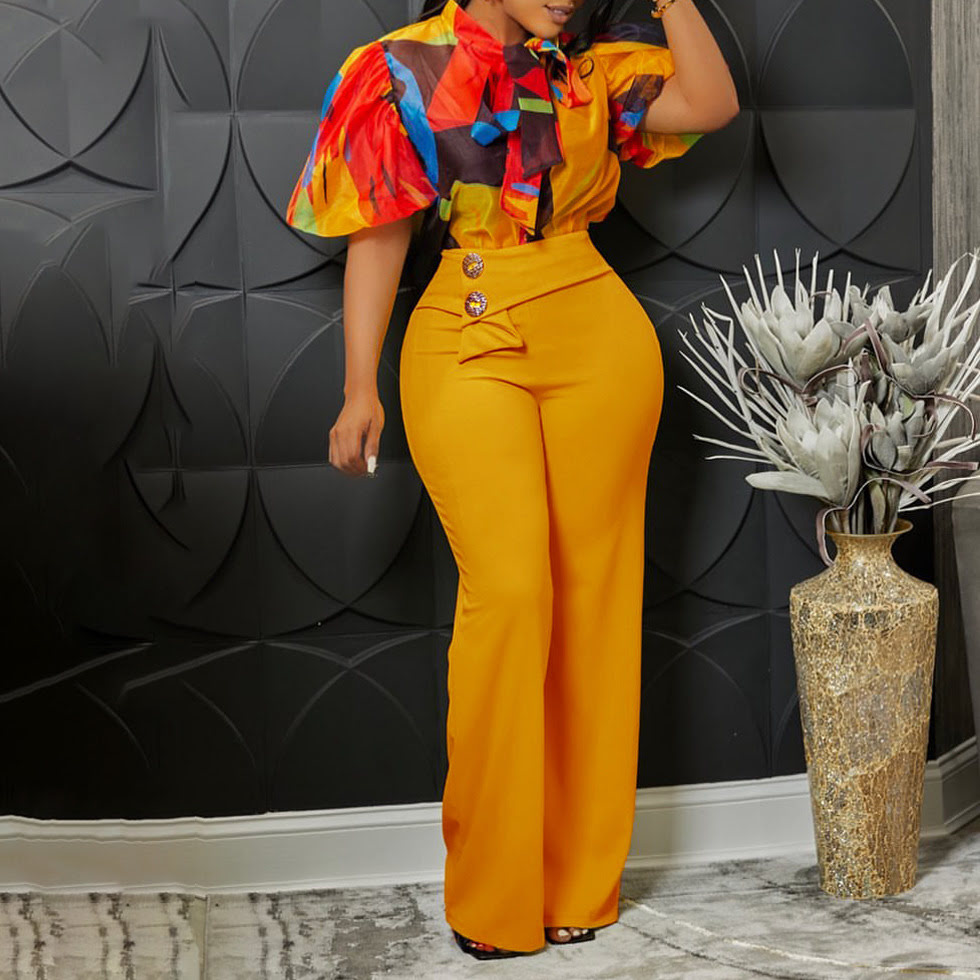 D341 Women's Fashion Print Two-Piece Outfit High Neck Short Sleeve Shirt Top and Wide Leg Long Pants
