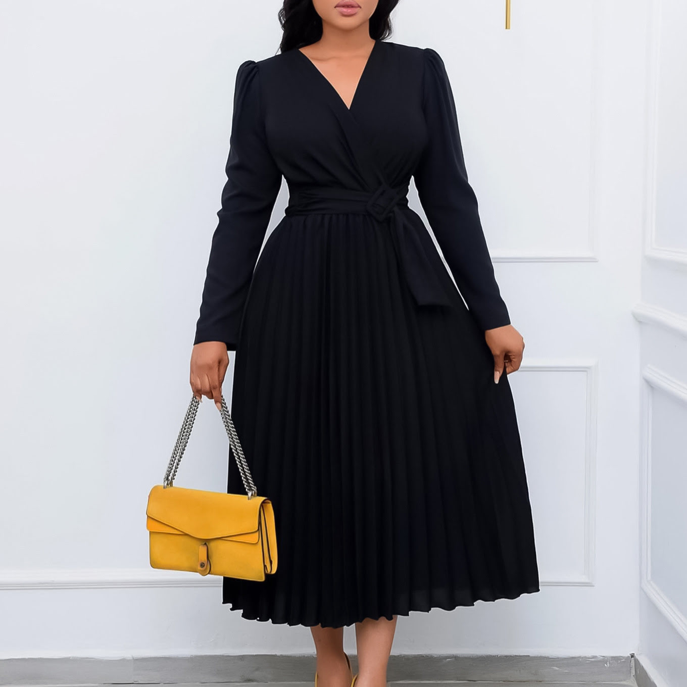 D419 Women's elegant pleated dress with V-neck, long sleeves, high waist, flowing, A-line, oversized, swing, belted maxi dress.