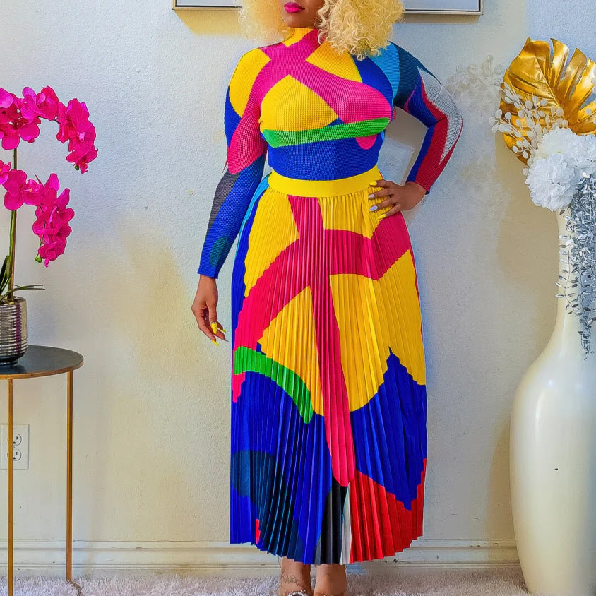 D420 Two-piece skirt set, long sleeves, pleated print, contrasting skirt and top for women