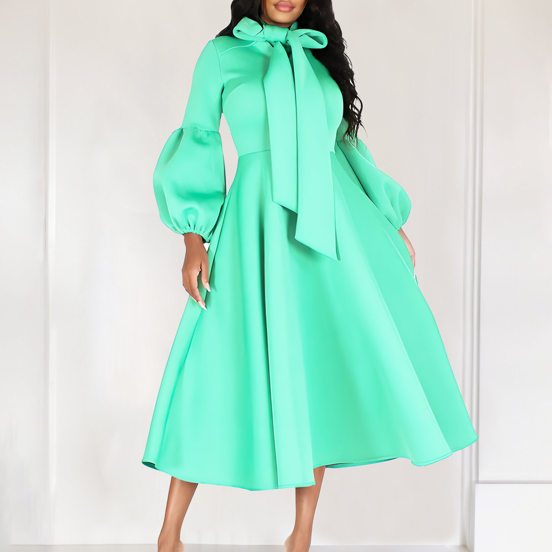D427 Vestido feminino com alça de manga bufante e saia grande de cintura alta, elegante e moderno
