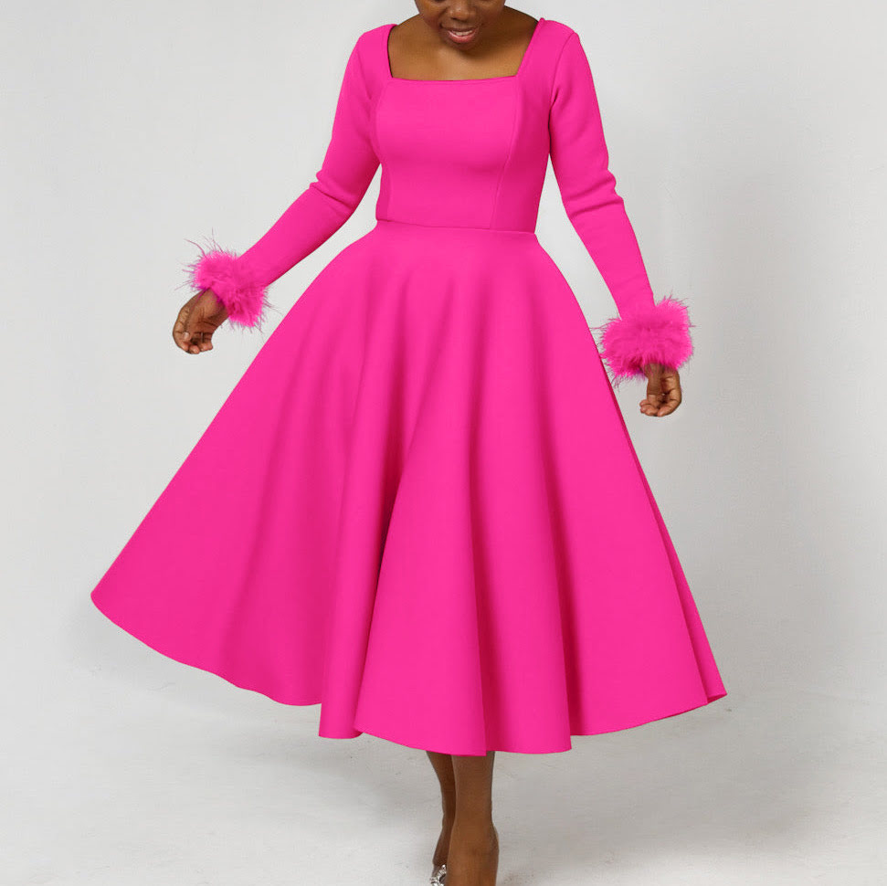 D451 Women's Solid Color Square Neck Dress, Elegant Dress with Plush Cuffs