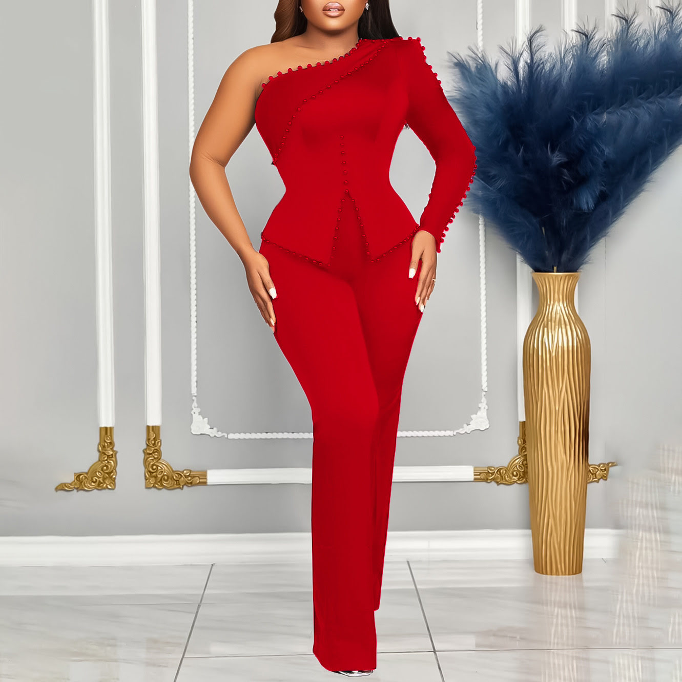 D463 Elegant women's formal evening jumpsuits, sexy knit jumpsuit with long sleeves and ruffles, high waist, wide leg.