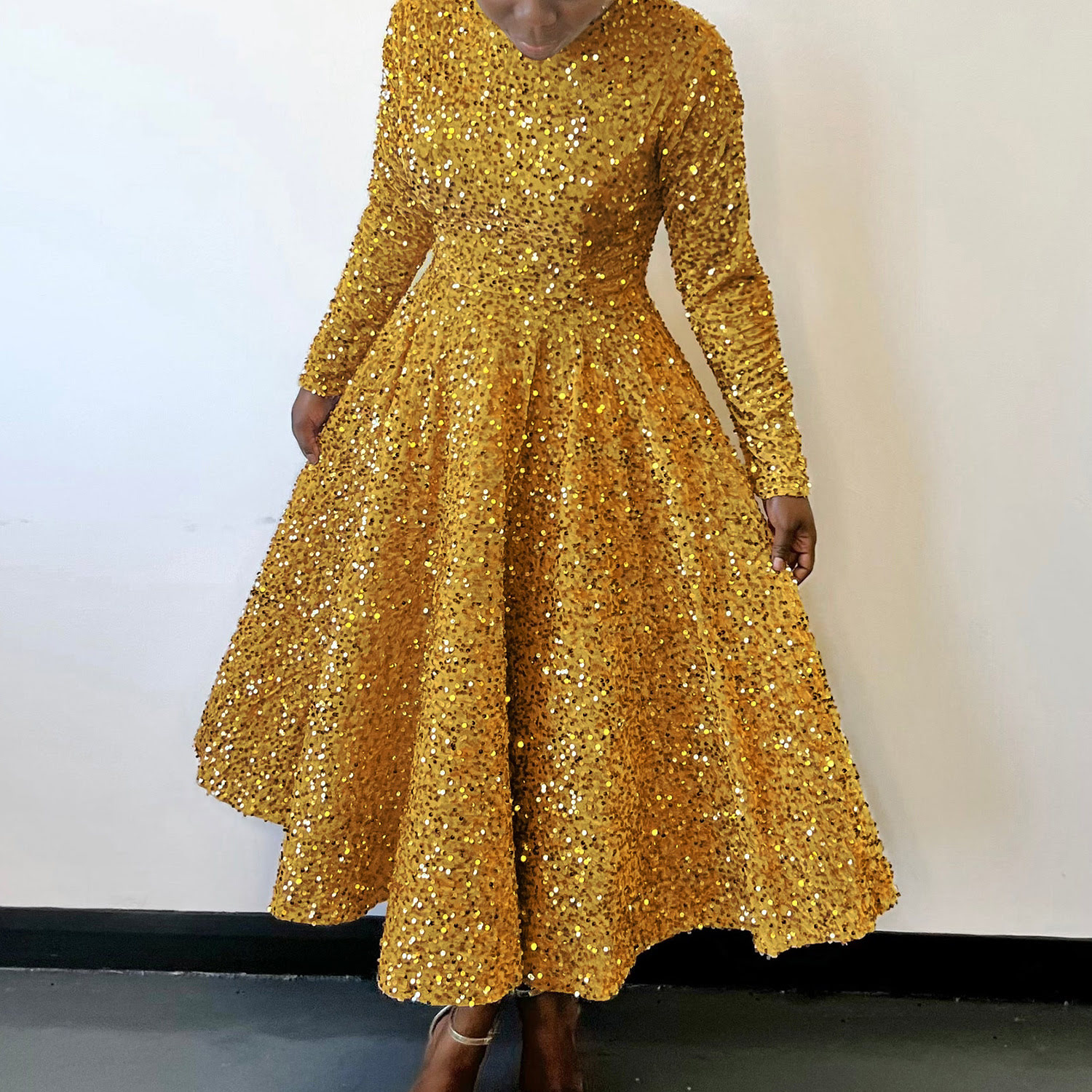 D469 Women's temperament midi dress with round neckline, long sleeves, solid color, sequins, high waist.